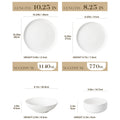 Three white ceramic plates shown with labeled dimensions and capacity: a round shallow plate 10.25 in / 26 cm diameter, a round shallow plate 8.