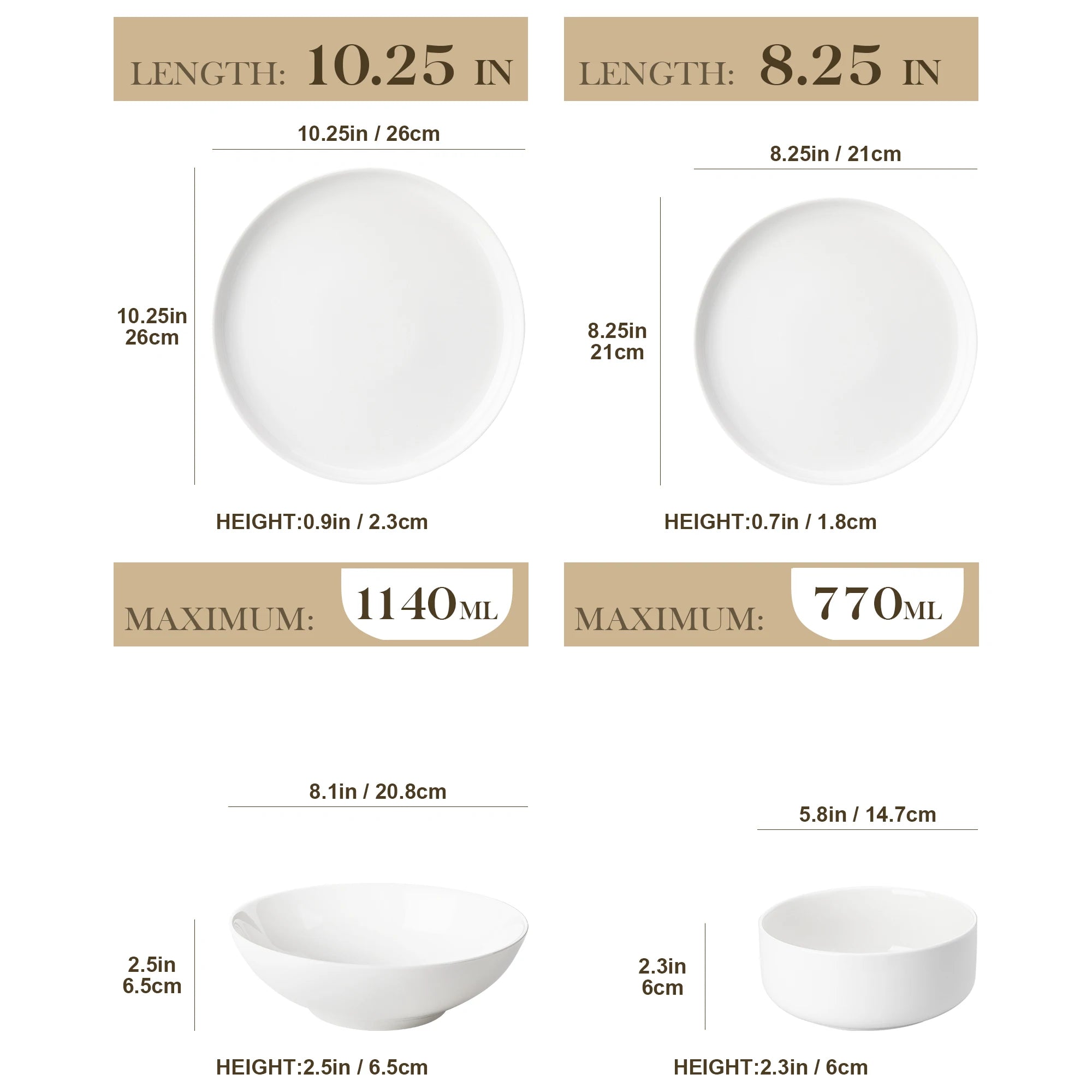 Three white ceramic plates shown with labeled dimensions and capacity: a round shallow plate 10.25 in / 26 cm diameter, a round shallow plate 8.