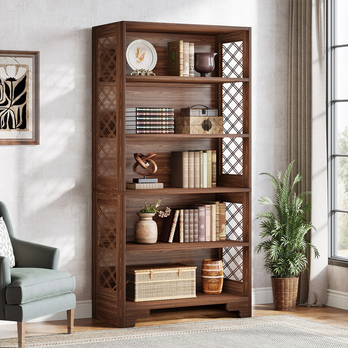 Wooden bookshelf with decorative items in a room with a chair and plant