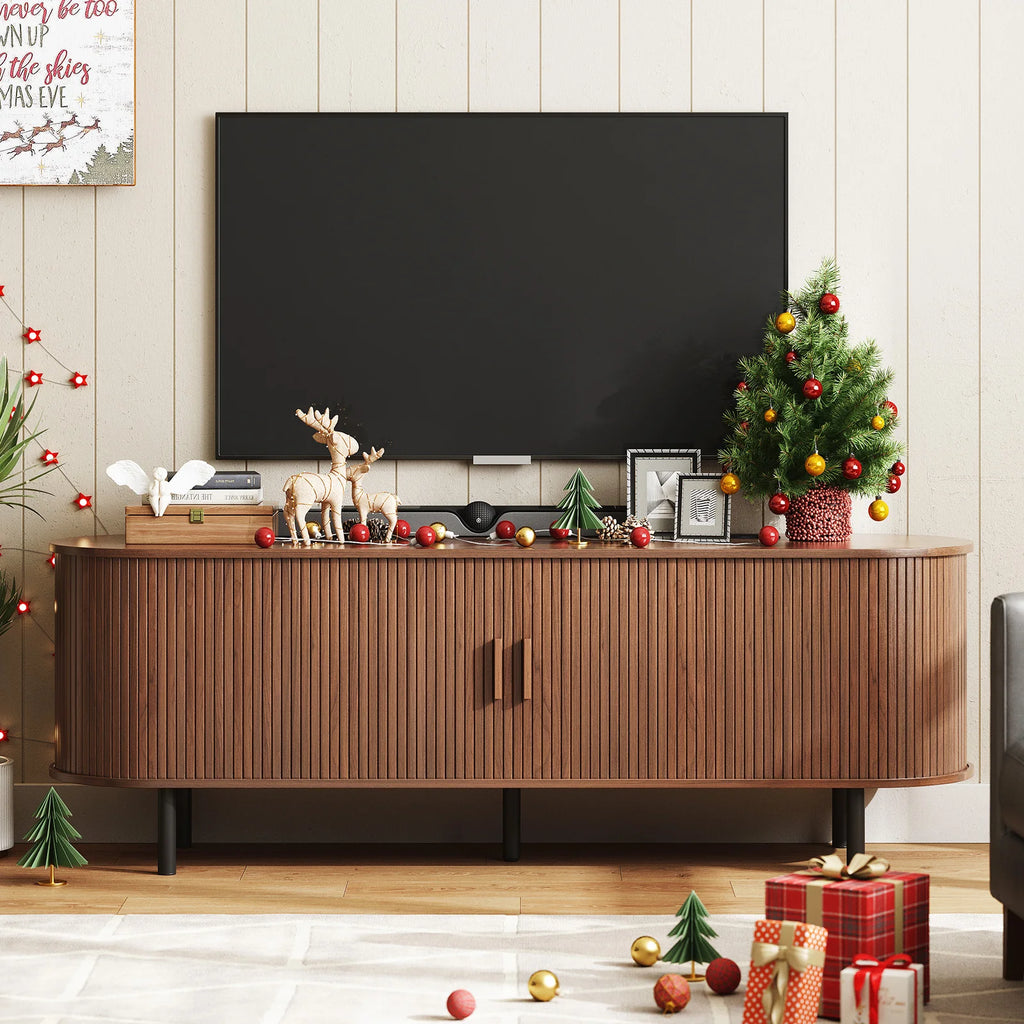 Opalray TV stand with curved sliding doors and raised metal legs