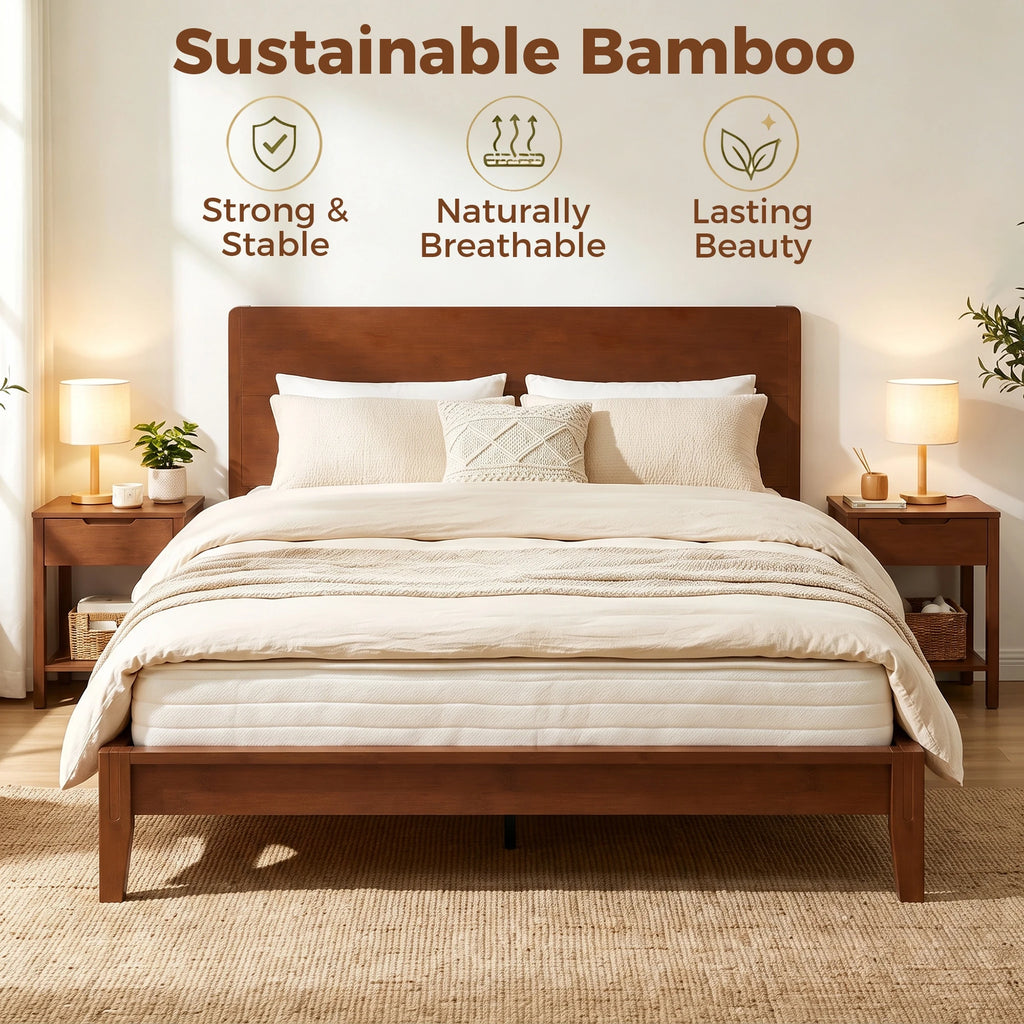 Bambelle queen platform bed with bamboo headboard and white bedding