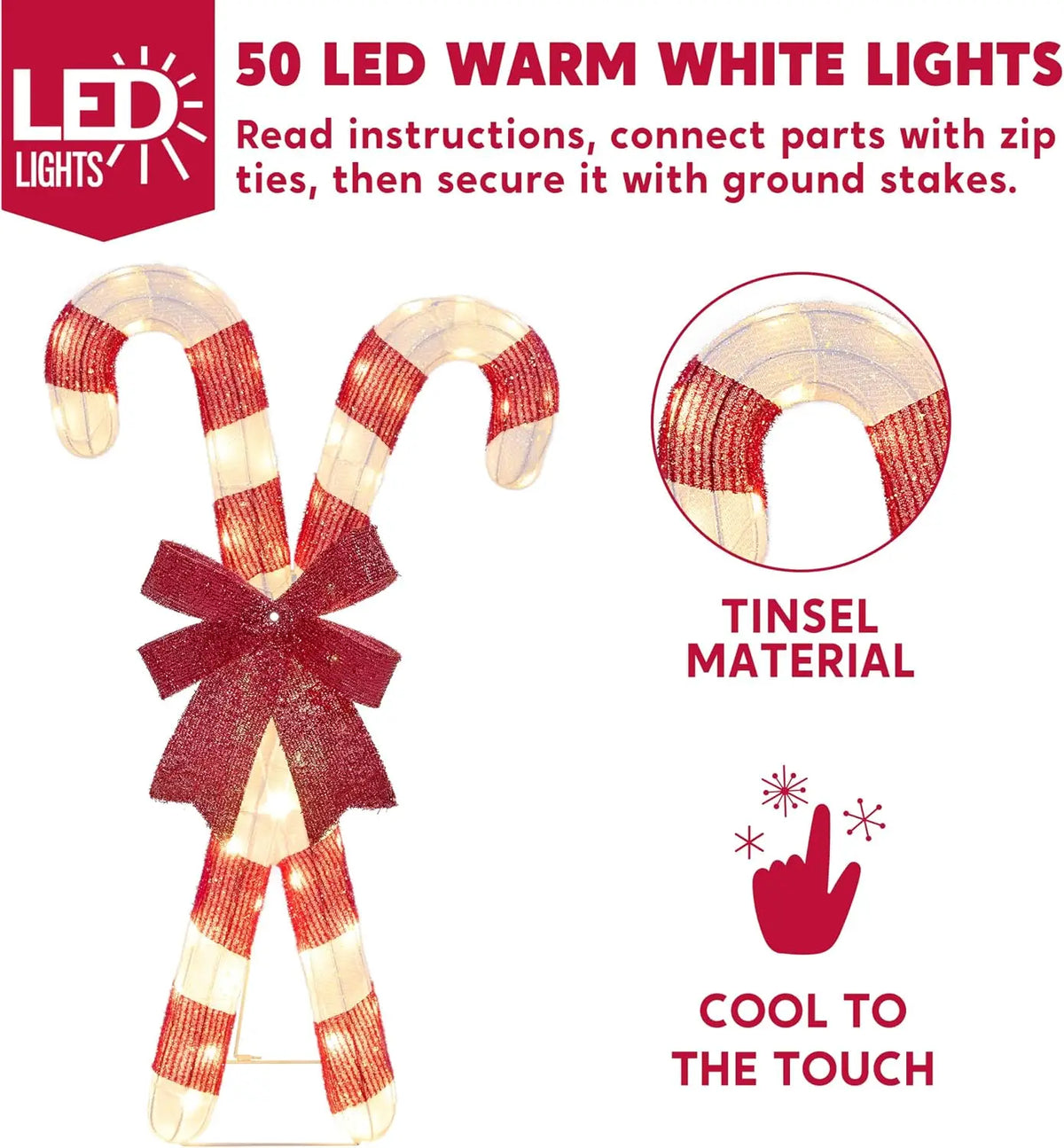 Bowglint tinsel-covered candy canes with 50 warm white LED lights and connecting frame details.
