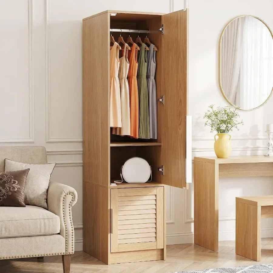 Open upper wardrobe with hanging clothes and a shelf for accessories