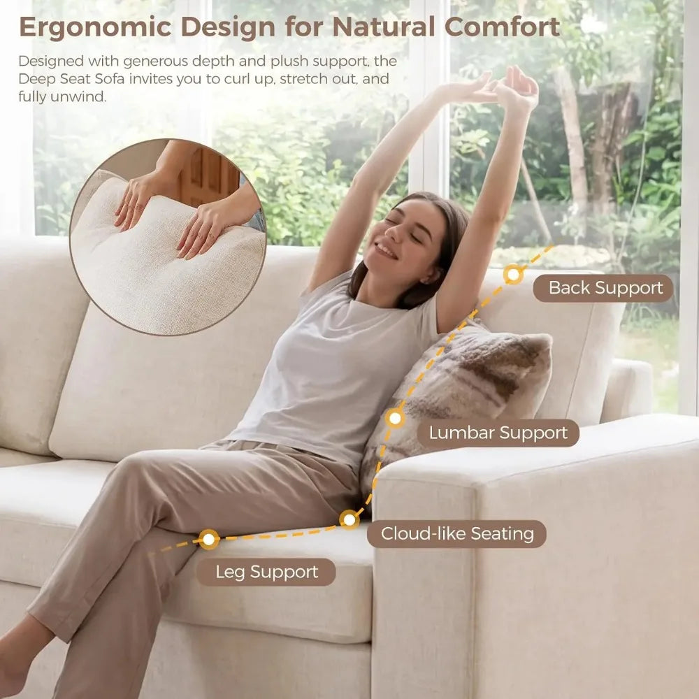 Elarwyn Beige sofa with padded back support and a deep seat.