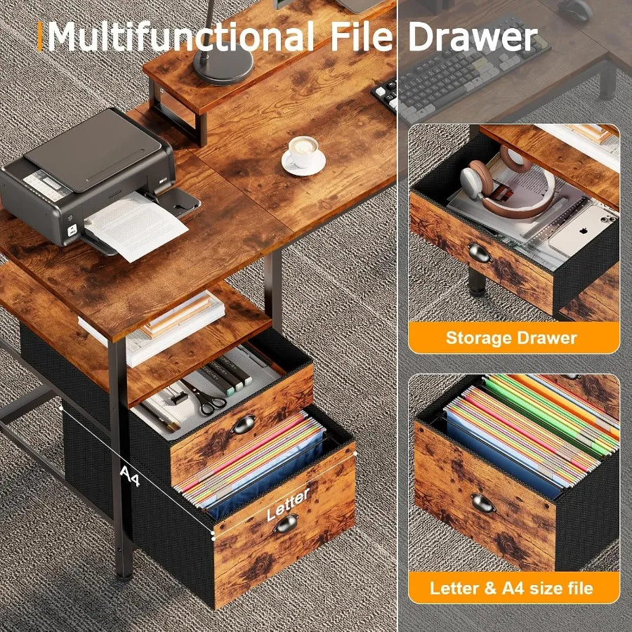 Drawer close-ups showing small-item storage above a deeper file drawer