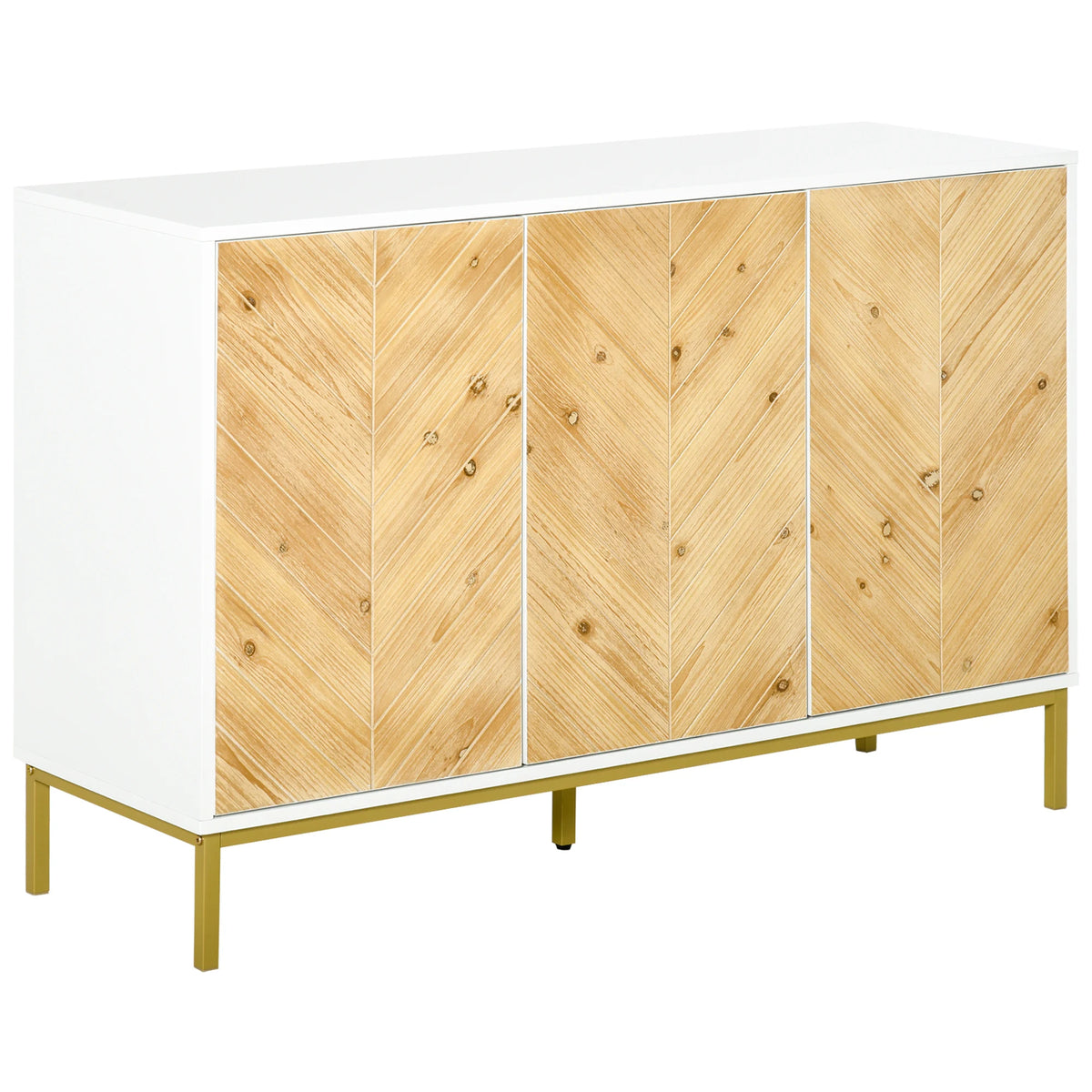 Zephyrlark sideboard with natural wood-look chevron doors, white cabinet surround and gold-tone legs