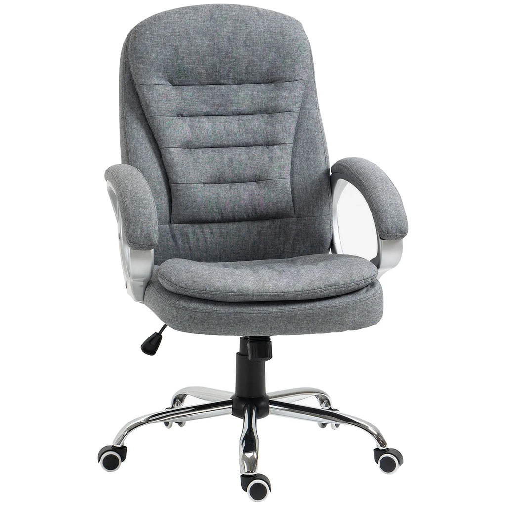 Front view of a gray upholstered office chair with a paneled padded back, cushioned seat and five-spoke rolling base.