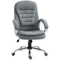 Front view of a gray upholstered office chair with a paneled padded back, cushioned seat and five-spoke rolling base.