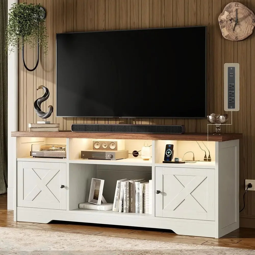 Briarline white X-door TV stand with a brown wood-look top, open storage and built-in lighting.