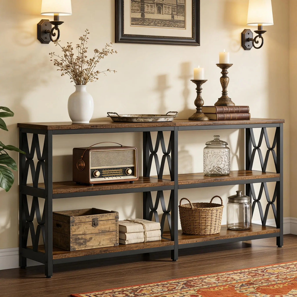 Balladcharm three-shelf open console table displaying books and baskets
