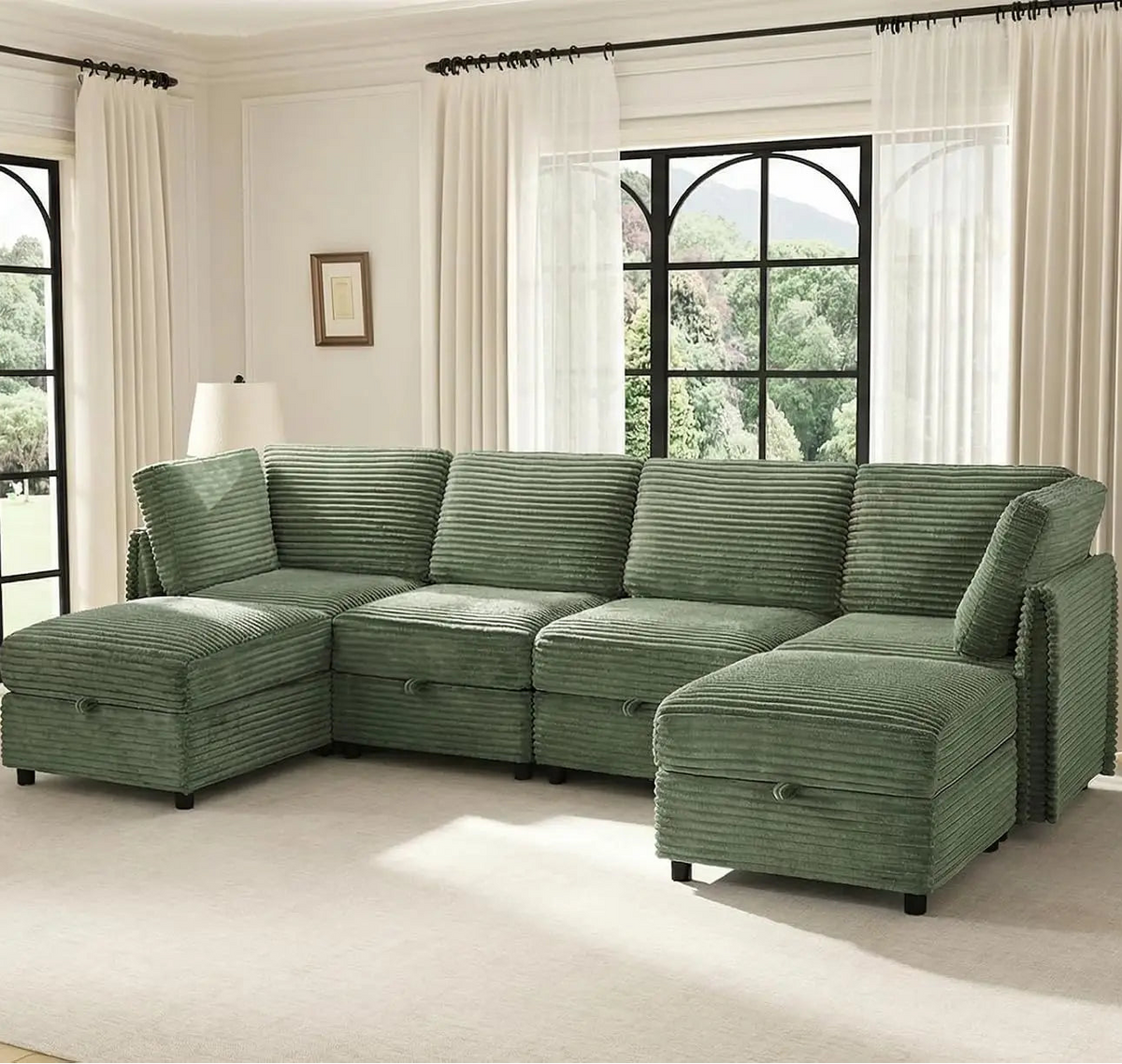 Sylvellen green corduroy U-shaped sectional with matching ottomans and side cushions