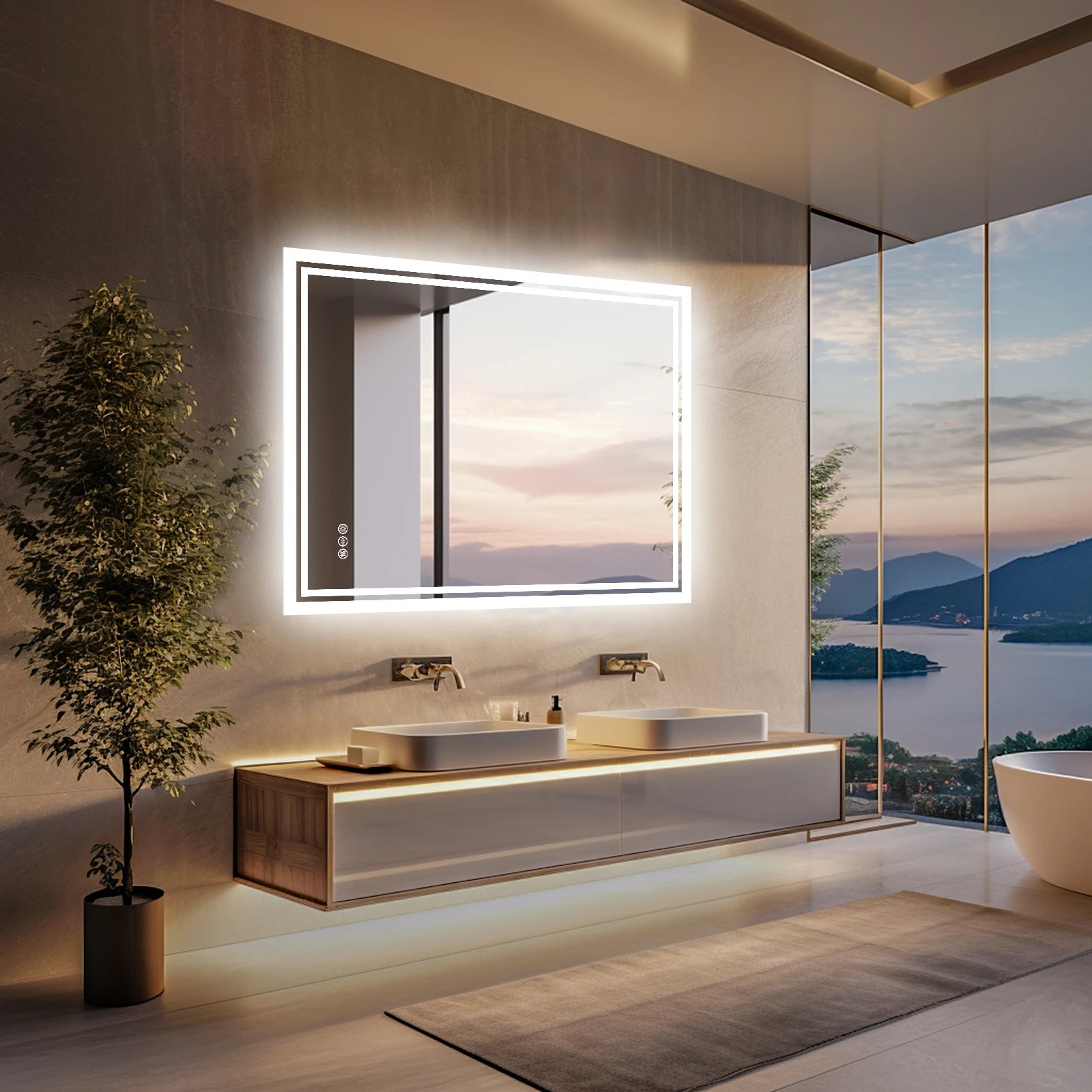 Aurora LED Rectangle Bathroom Mirror with Anti-Fog and Dimmable Light