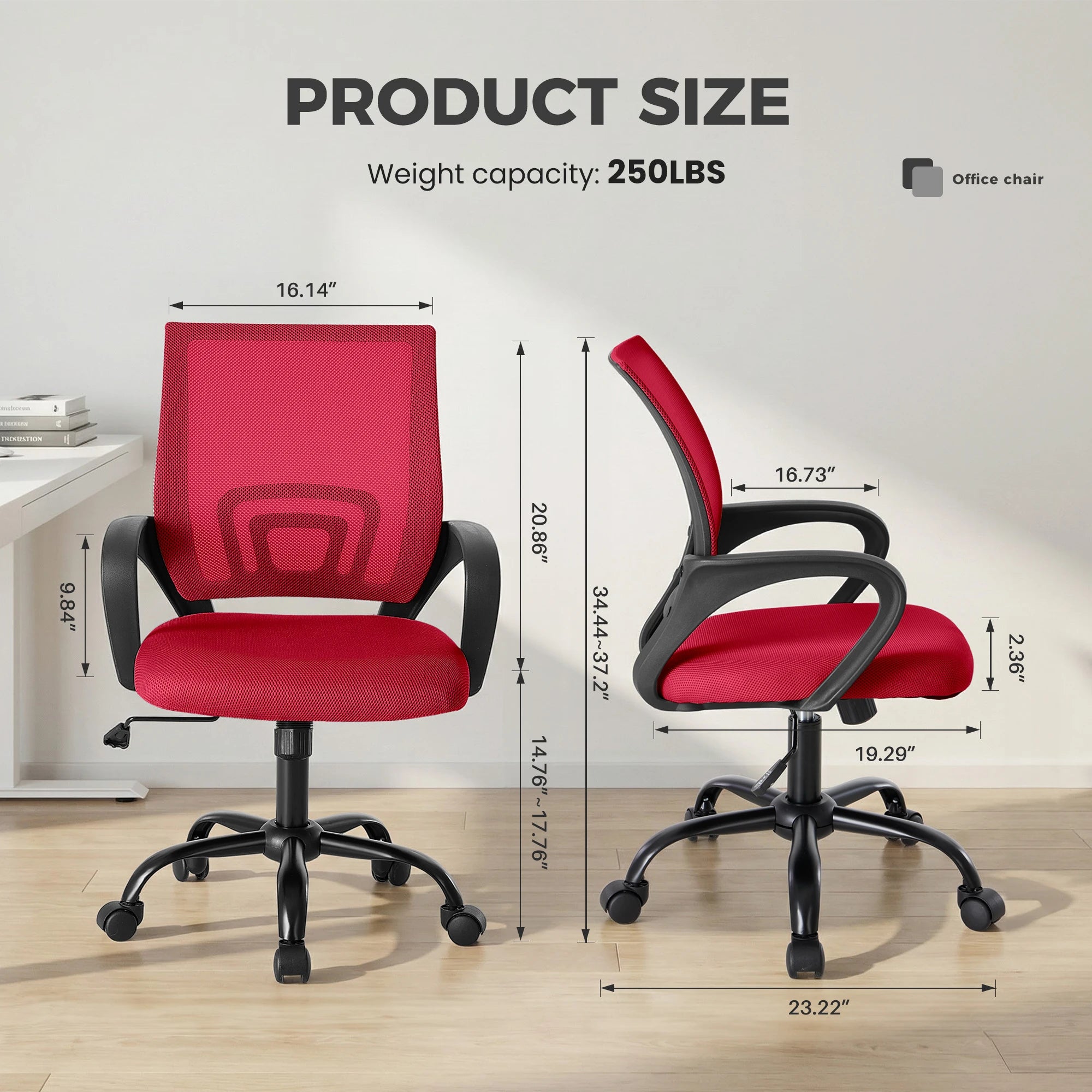 Red office chair with dimensions on a light background