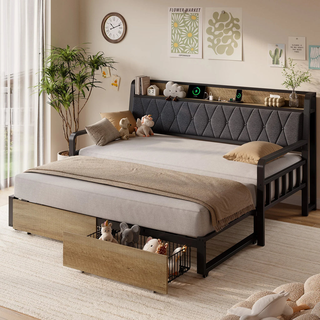 Chimeline Black expandable daybed with upholstered backrest, top shelf and two storage drawers.