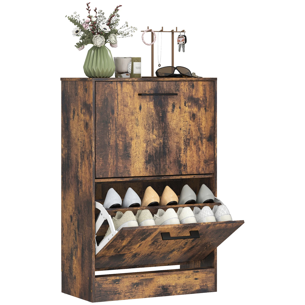 Echoray slim rustic-brown shoe cabinet with two flip drawers