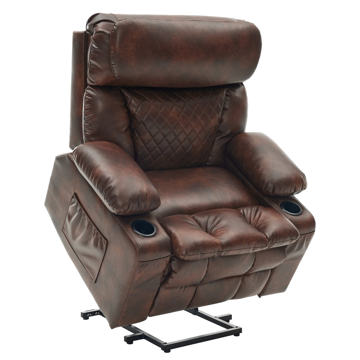 Avensford brown leather-look powered lift recliner raised on metal mechanism against white background