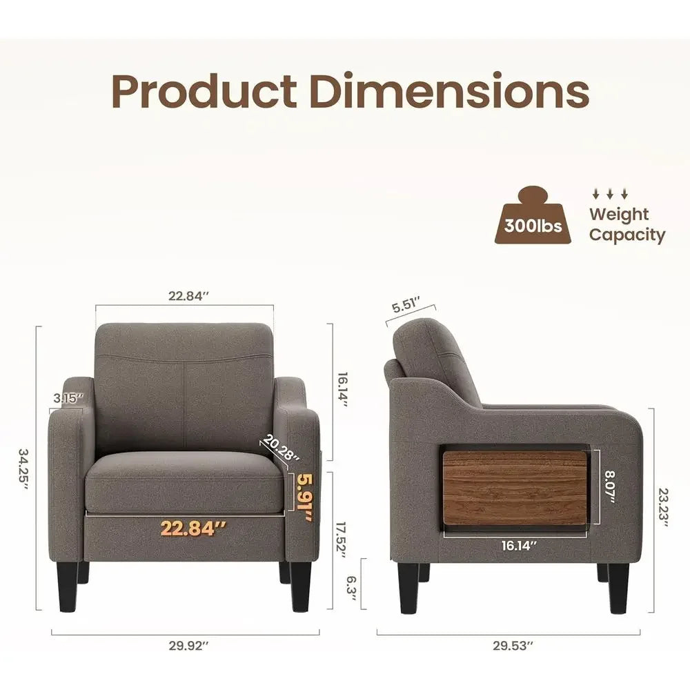 Morrowrest dimension card showing 29.92 x 29.53 x 34.25 inches and a chair load limit of 300 lbs