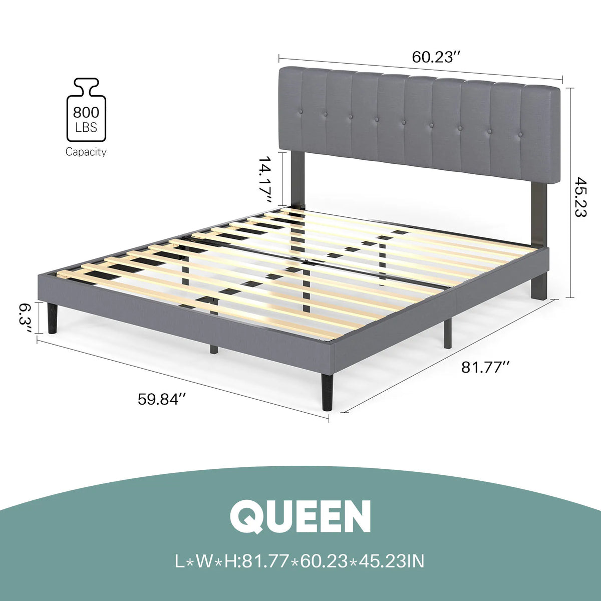 Wrenrise Queen platform bed dimensions showing 59.84-inch width and 81.77-inch length