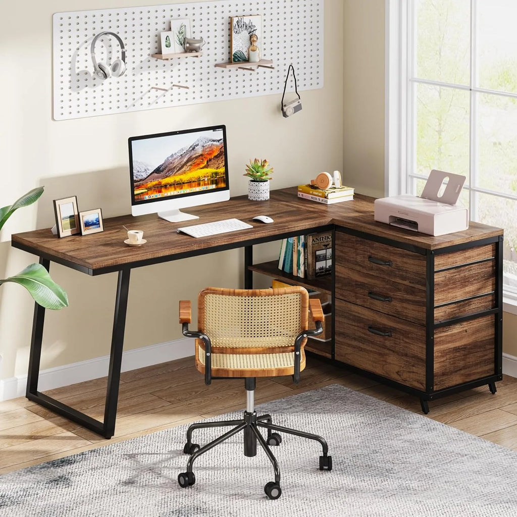 L-Shaped Computer Desk with Drawers & Shelves – Rustic Brown