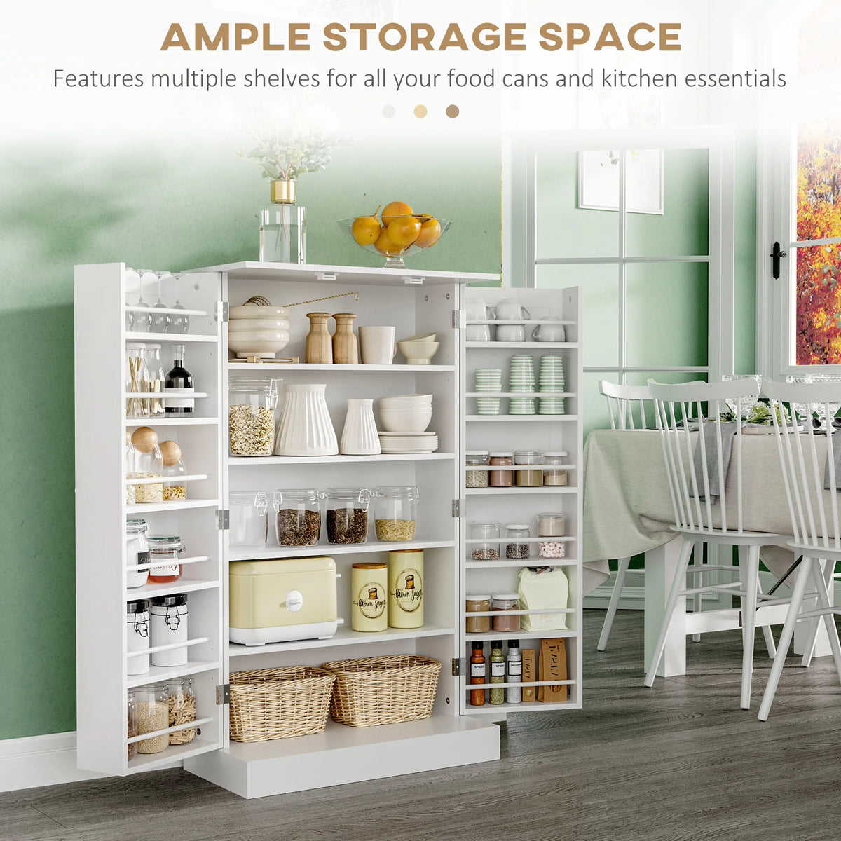 Storage graphic showing the open white pantry cabinet beside a dining table, stocked with kitchen essentials.