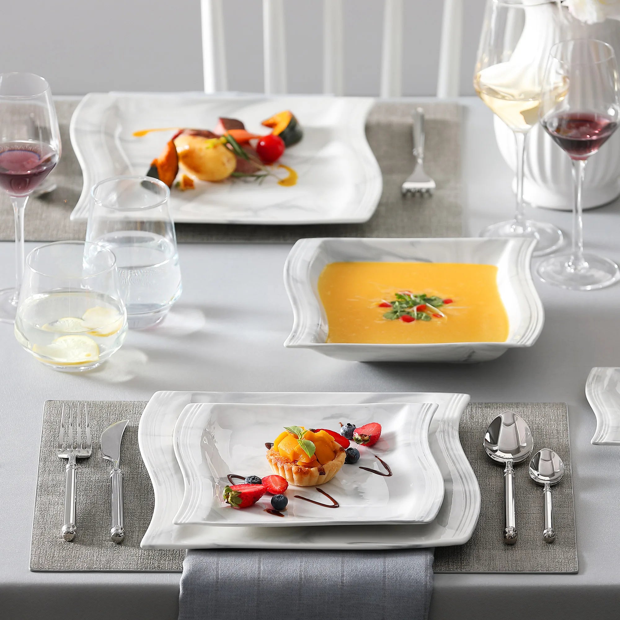 MALACASA Flora Gray & White Marble Porcelain Dinnerware Set – 30/60 Pieces