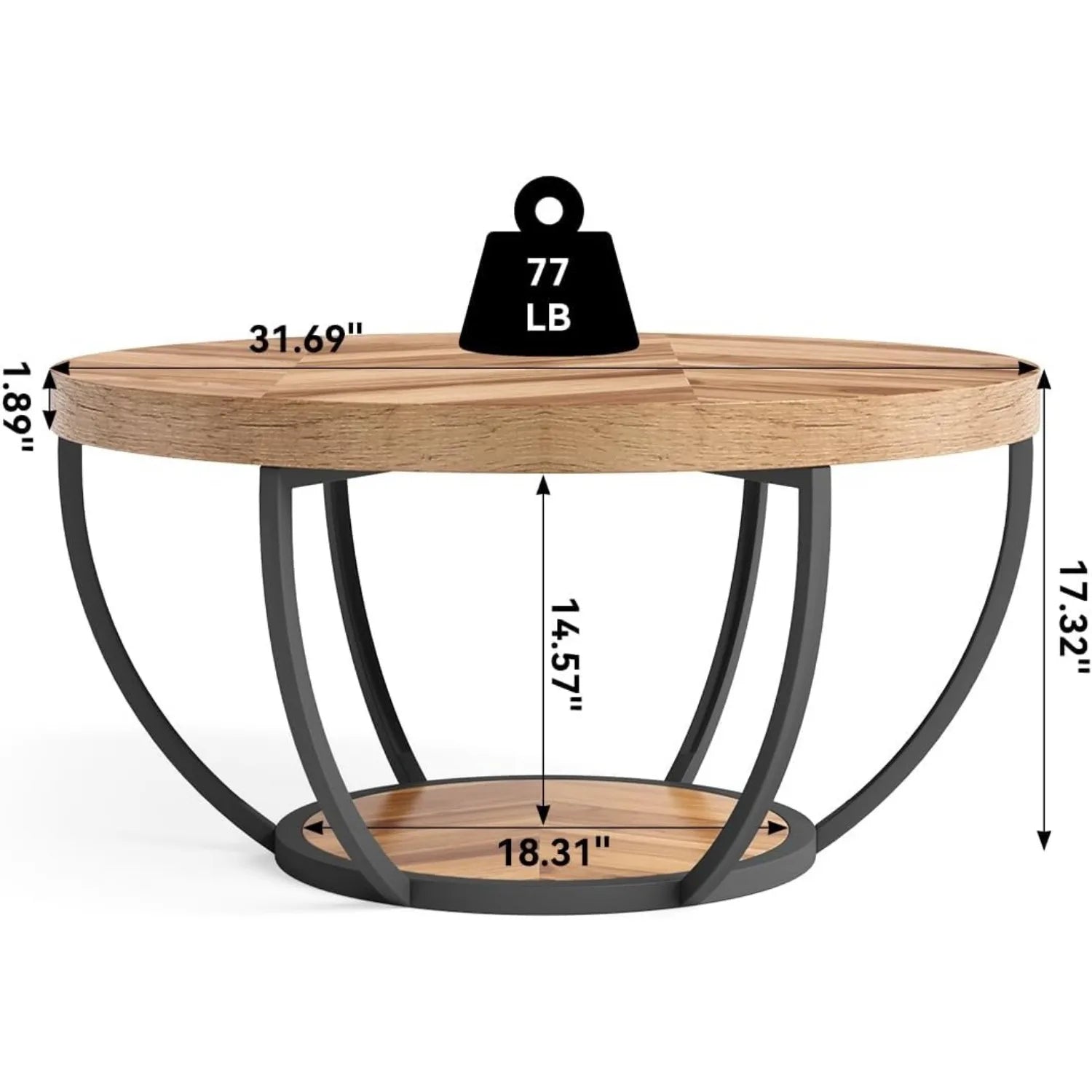 Wooden coffee table with black metal base and weight indicator on a white background