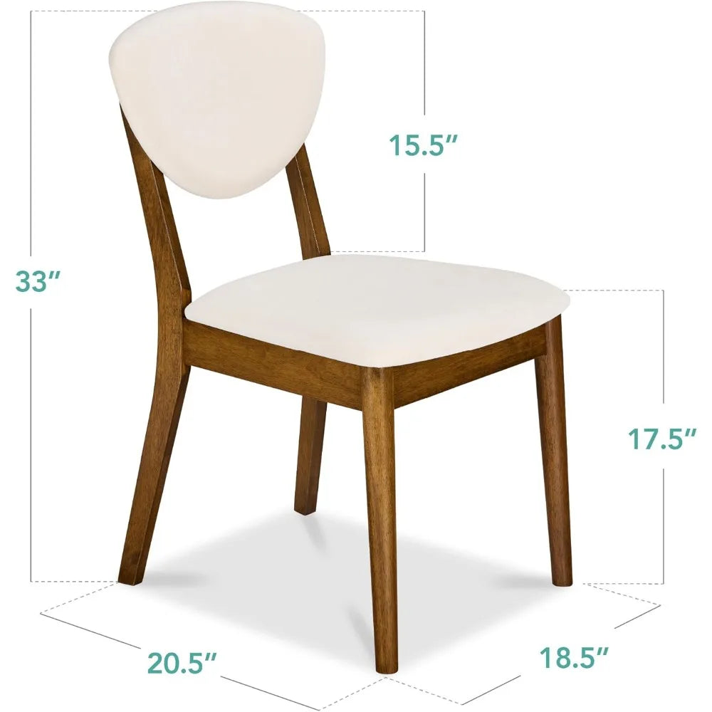 Wooden chair with white cushioned seat and backrest, shown with dimensions on a white background.