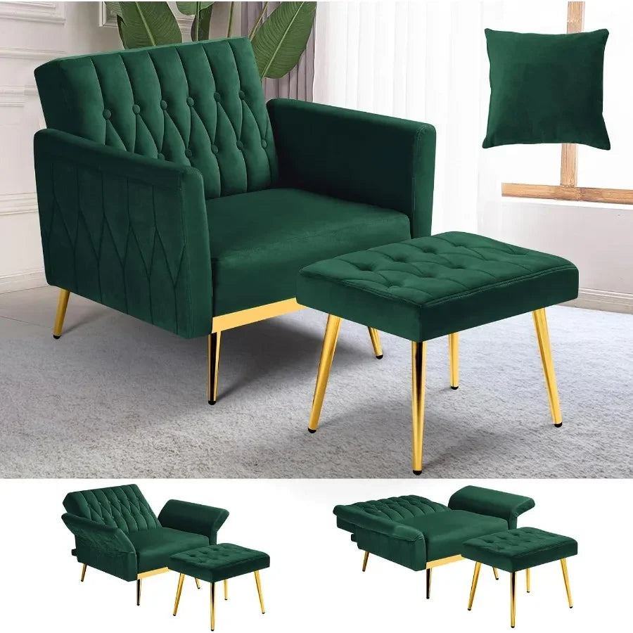 Green tufted accent chair and matching ottoman with gold-tone legs, a matching pillow, and upright and reclined position insets.