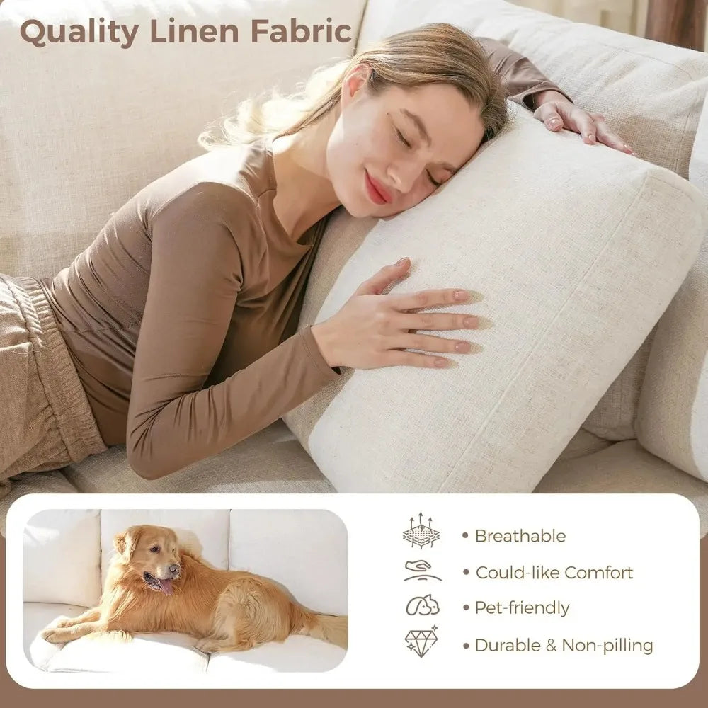 Elarwyn Beige sofa linen upholstery and cushion detail.