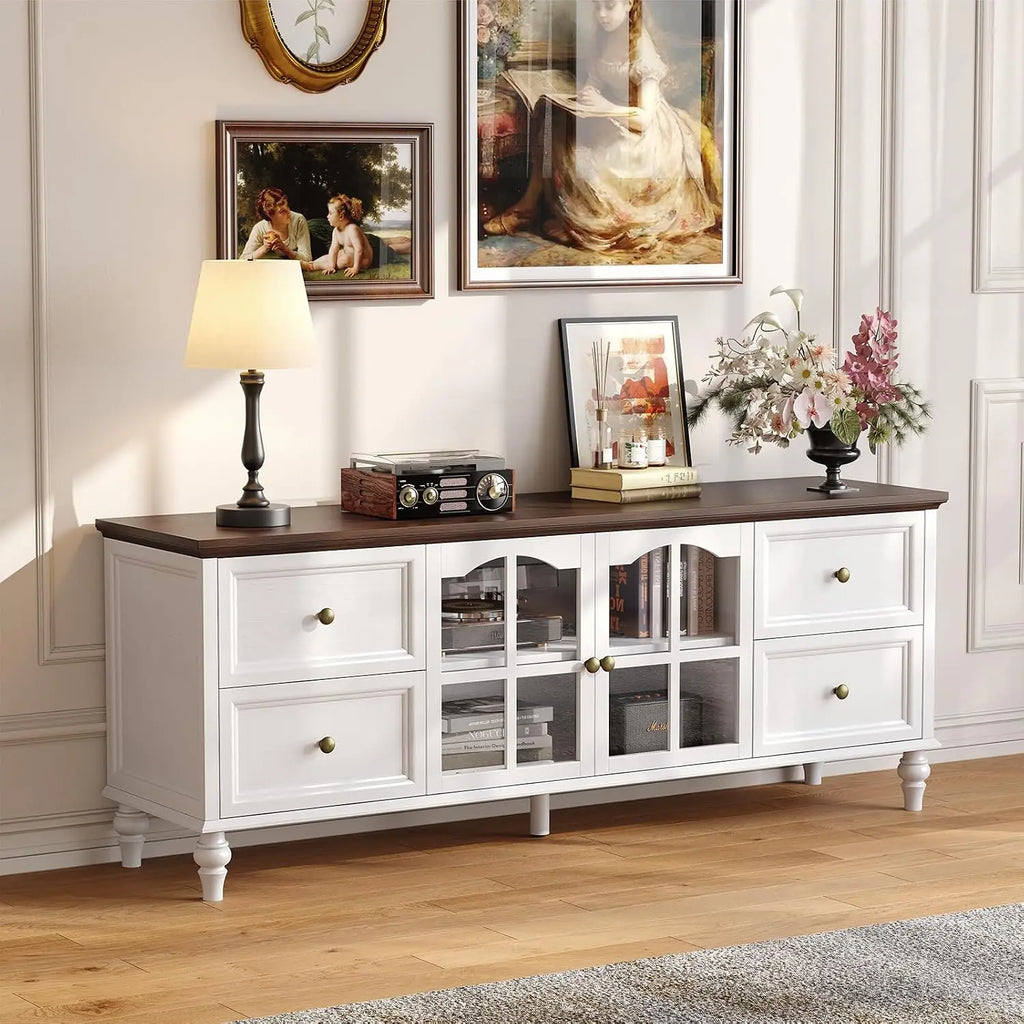 Fawnarc TV stand in White with four drawers, arched glass doors and a dark wood-grain top.