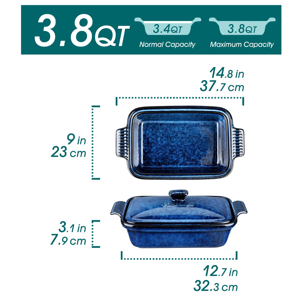 Blue ceramic baking dish with dimensions and capacity details on a white background