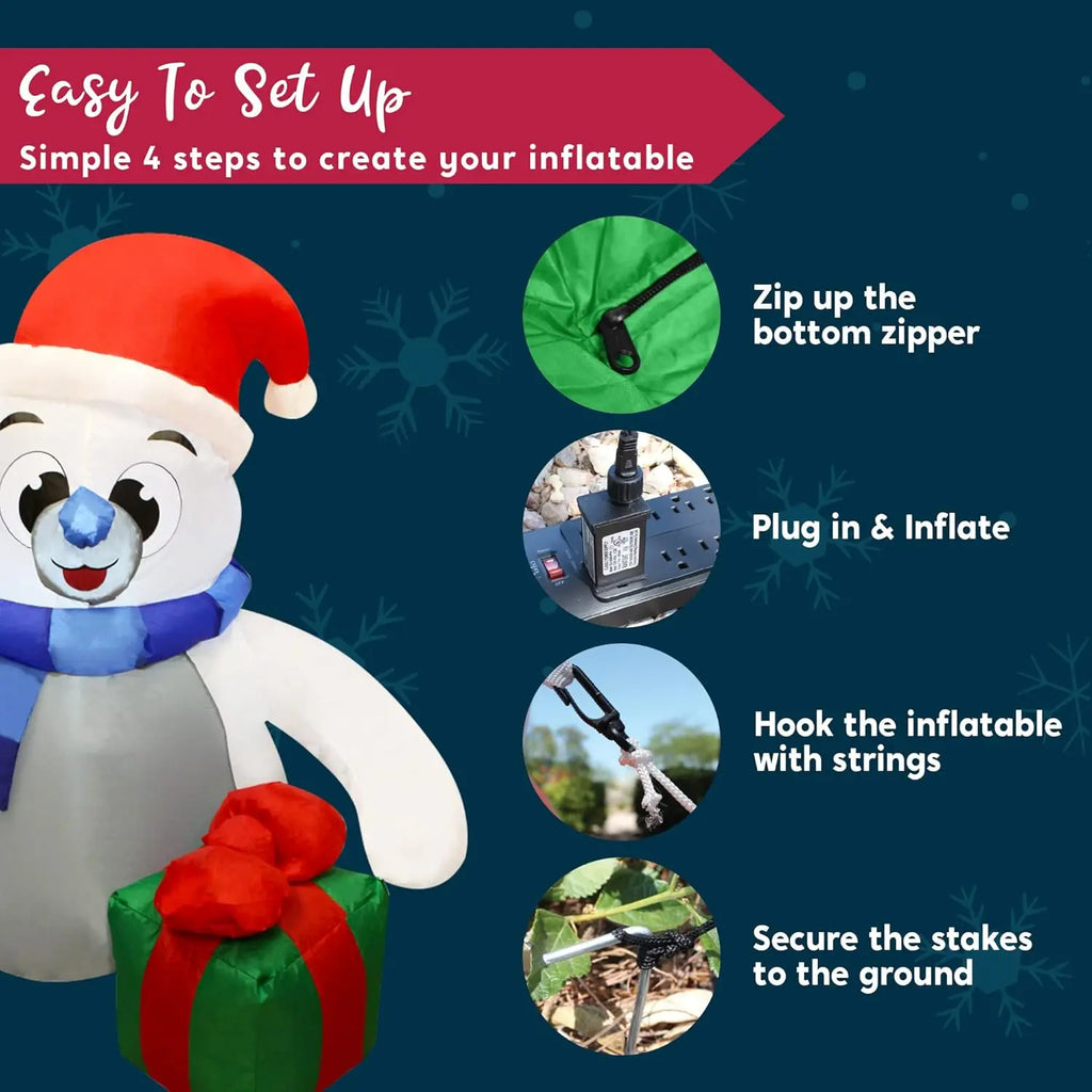 Giftpaw setup steps showing zipper closure, plug-in inflation and outdoor anchoring.