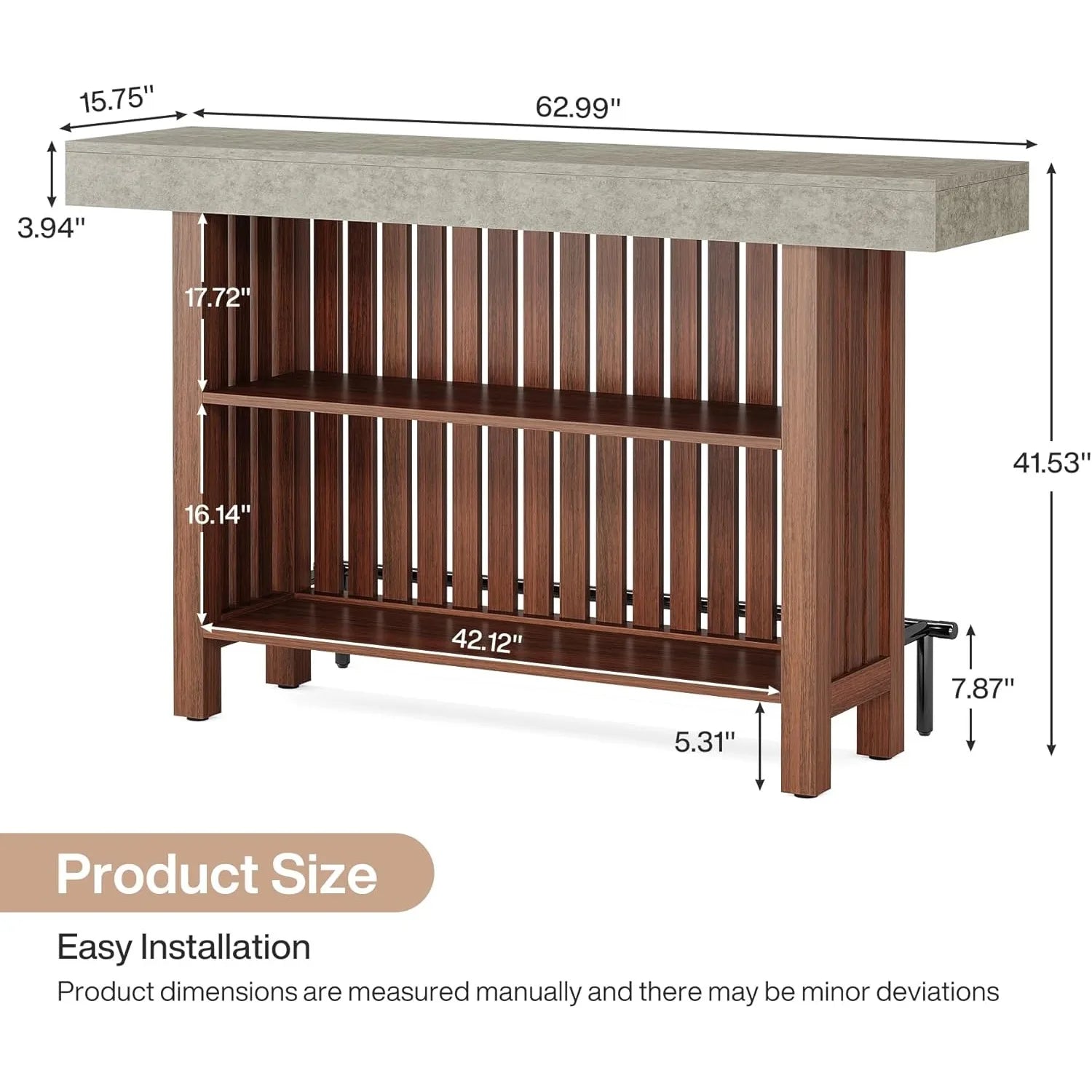 Wooden bar height table with dimensions labeled on a white background