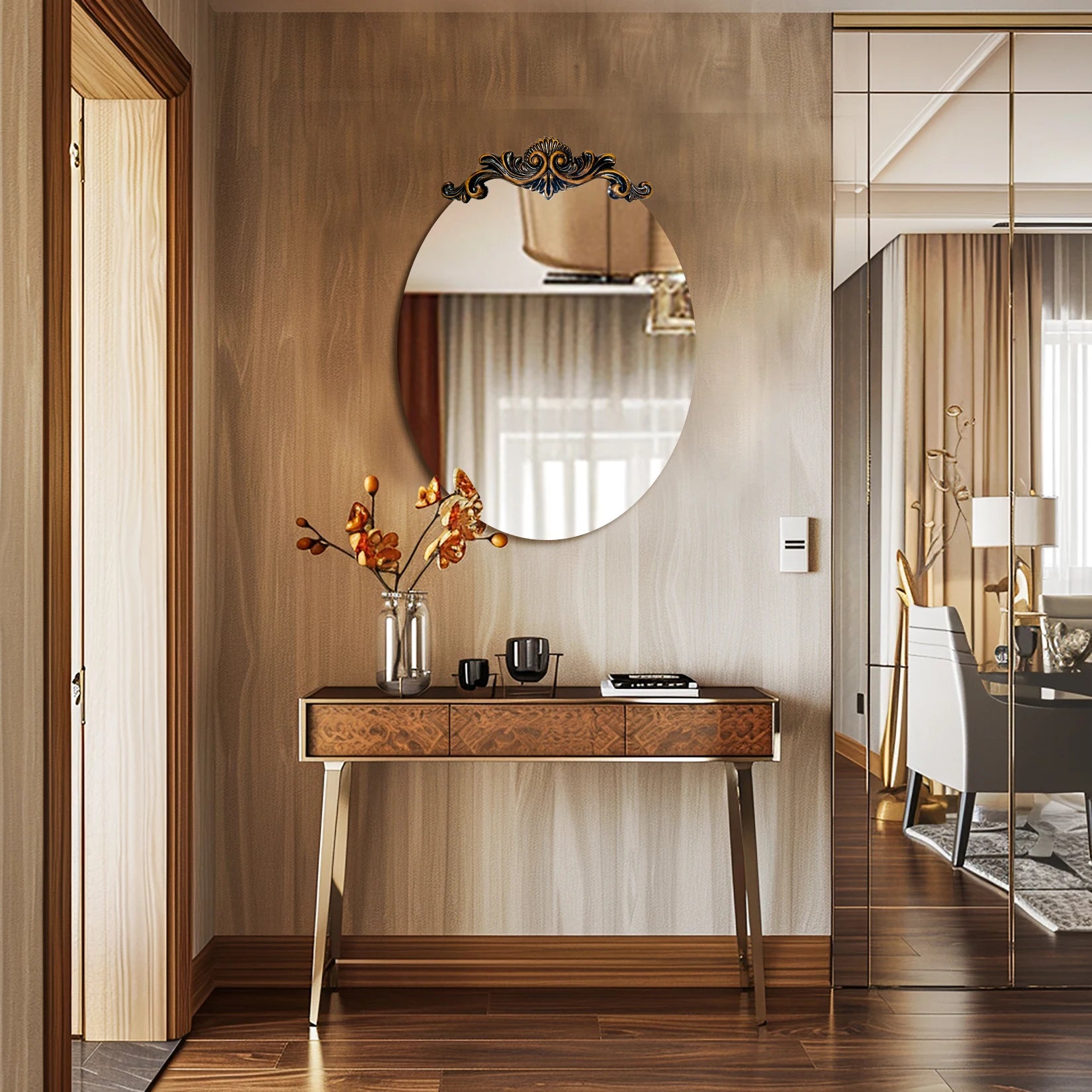 Oval & Round Baroque Wall Mirror with Ornate Crest