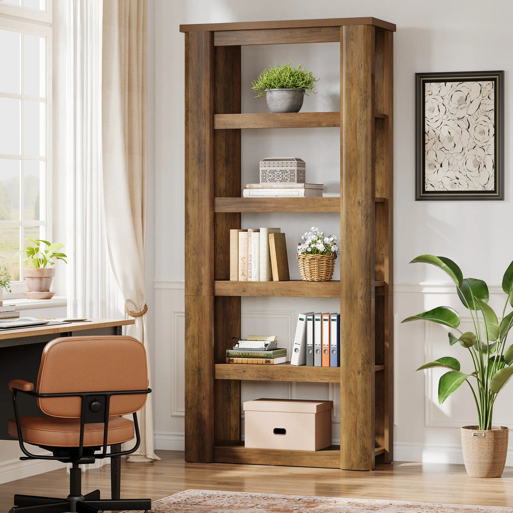 Marigoldecho rustic-brown bookcase with five open compartments beside a desk