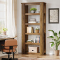 Marigoldecho rustic-brown bookcase with five open compartments beside a desk