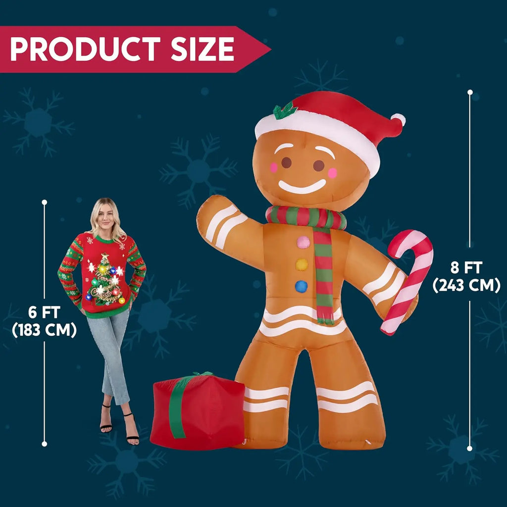 Gingerbelle gingerbread size chart showing an 8-foot overall height including the Santa hat