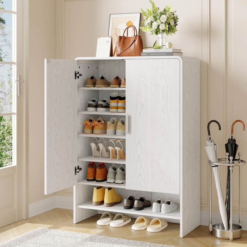 Hushline White shoe cabinet with one door open and an open lower shelf.