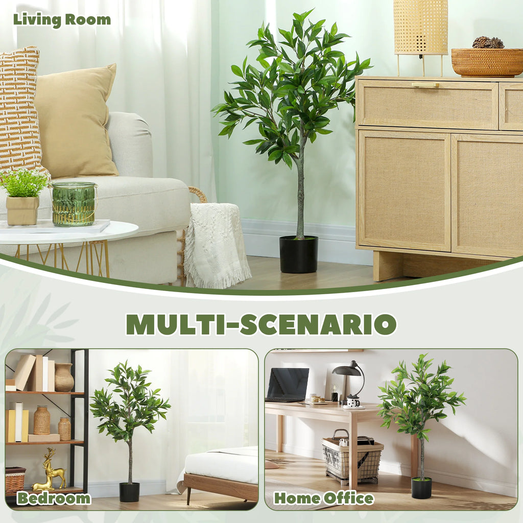 Springwick artificial laurel tree shown in a living room, bedroom and home office