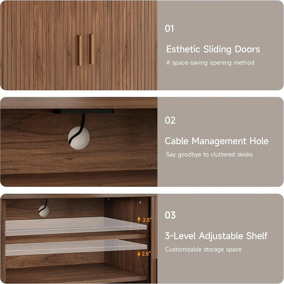 Doveveil TV stand details showing sliding doors, a cable opening, and shelf positions adjustable in 2.5-inch steps.