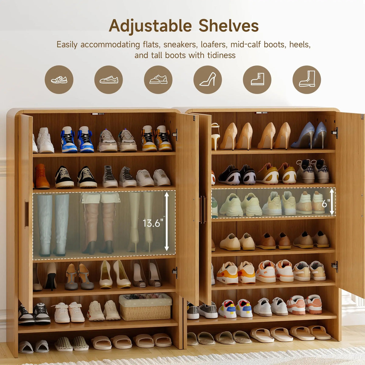 Hushline Oak adjustable shelves arranged for shoes or a 13.6-inch boot opening.