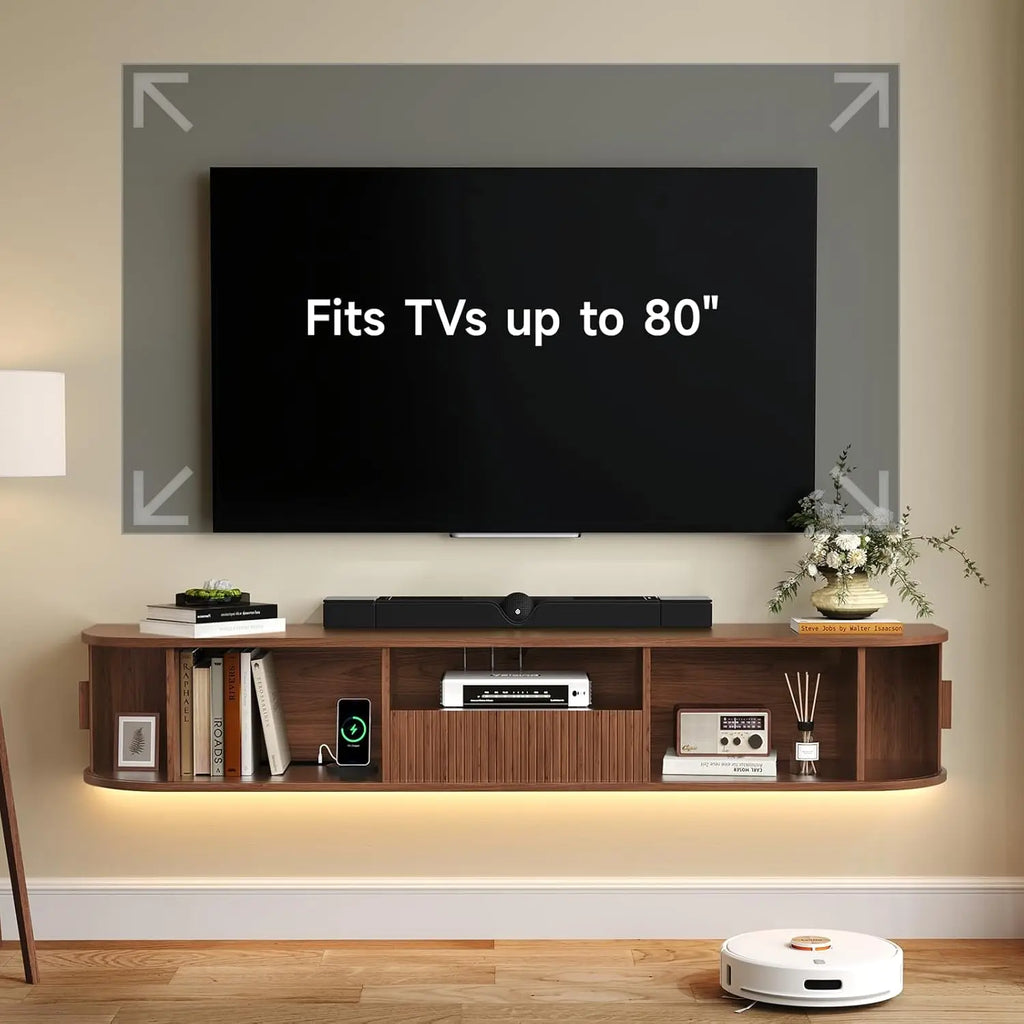 Melodyhalo floating TV stand beneath a separately wall-mounted television, with side storage open.