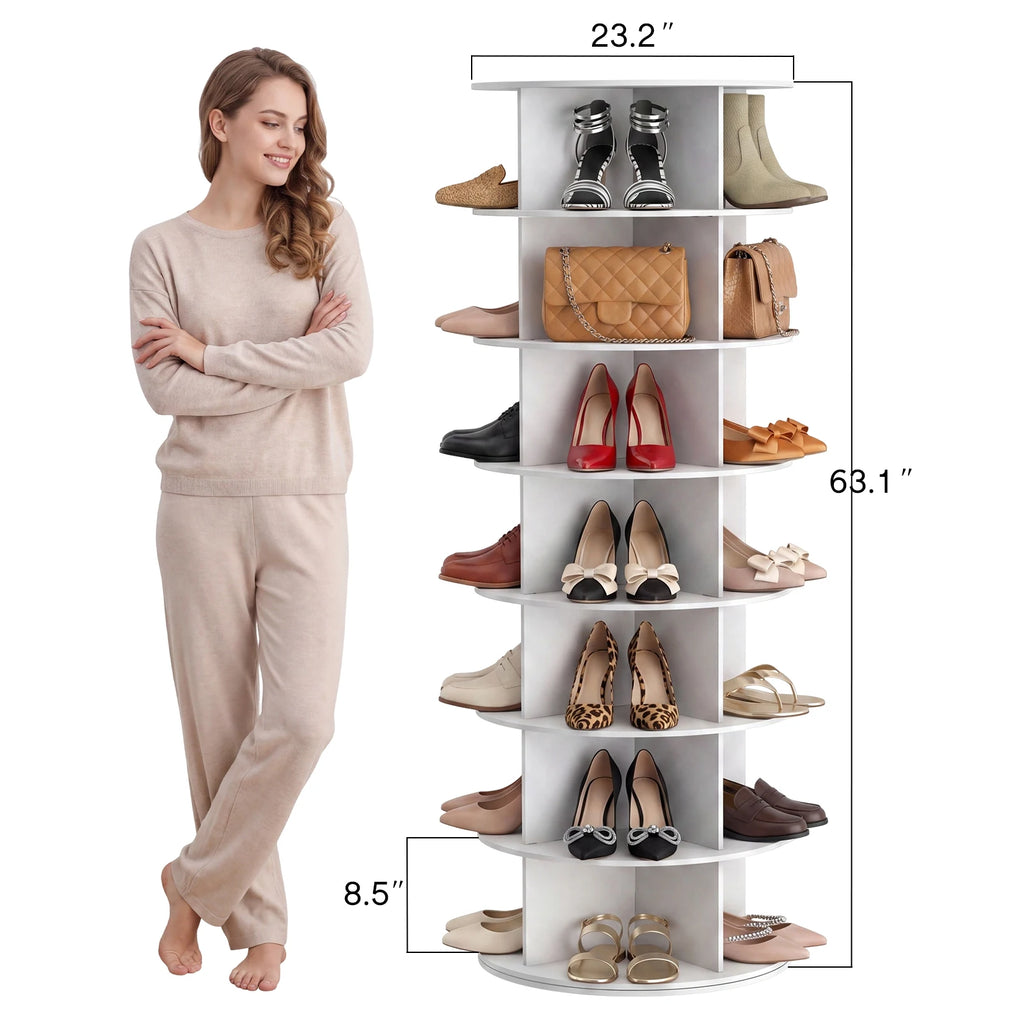 White shoe rack dimension diagram showing 23.2-inch diameter, 63.1-inch height and an 8.5-inch bottom shelf opening.