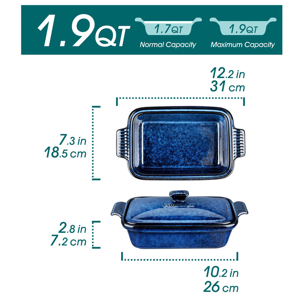 Blue ceramic baking dish with dimensions and capacity details on a white background