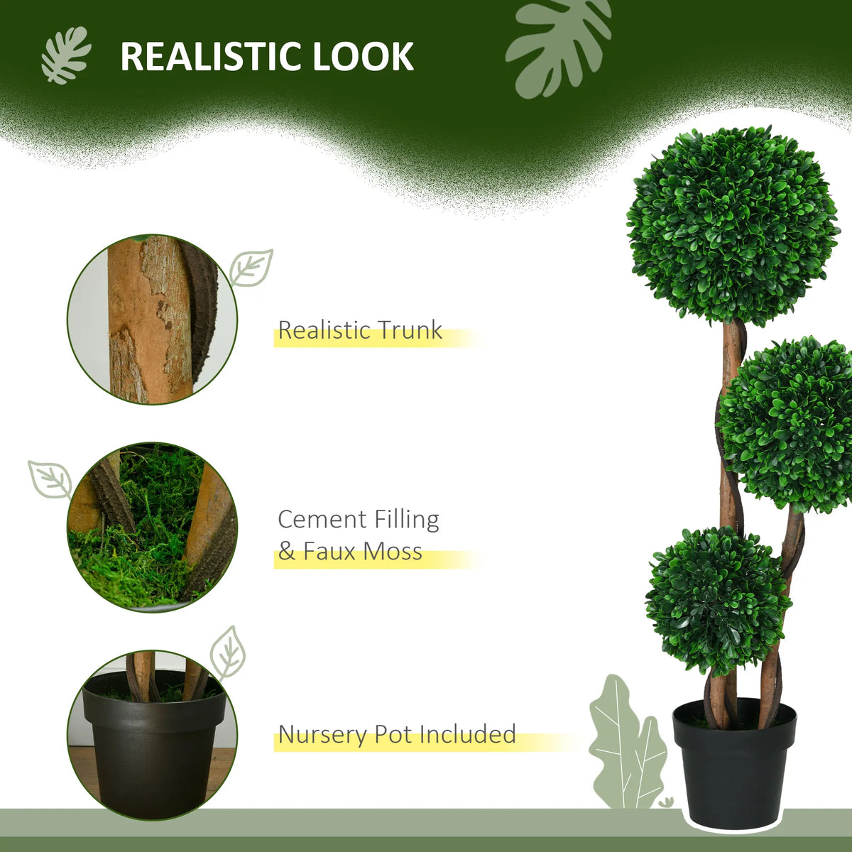 Rhymecharm detail card showing realistic trunks, cement filling, faux moss and included nursery pot