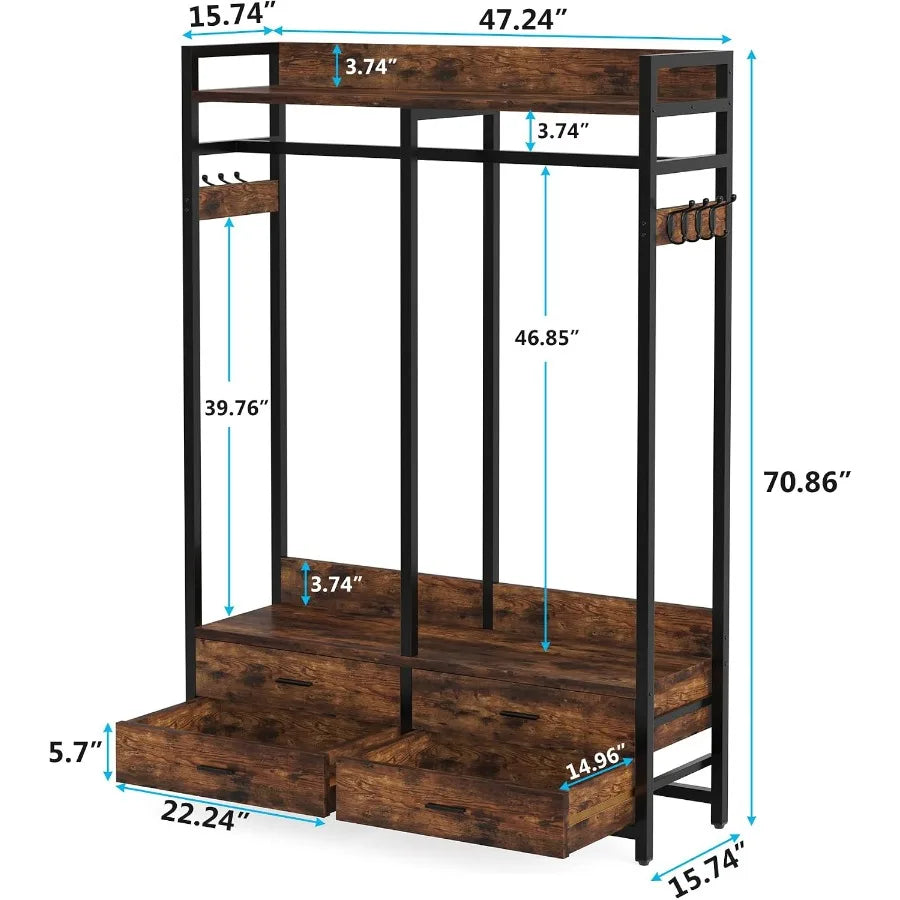 Measurements of the garment rack and drawers, including drawers labeled 22.24 inches wide and 14.96 inches deep.