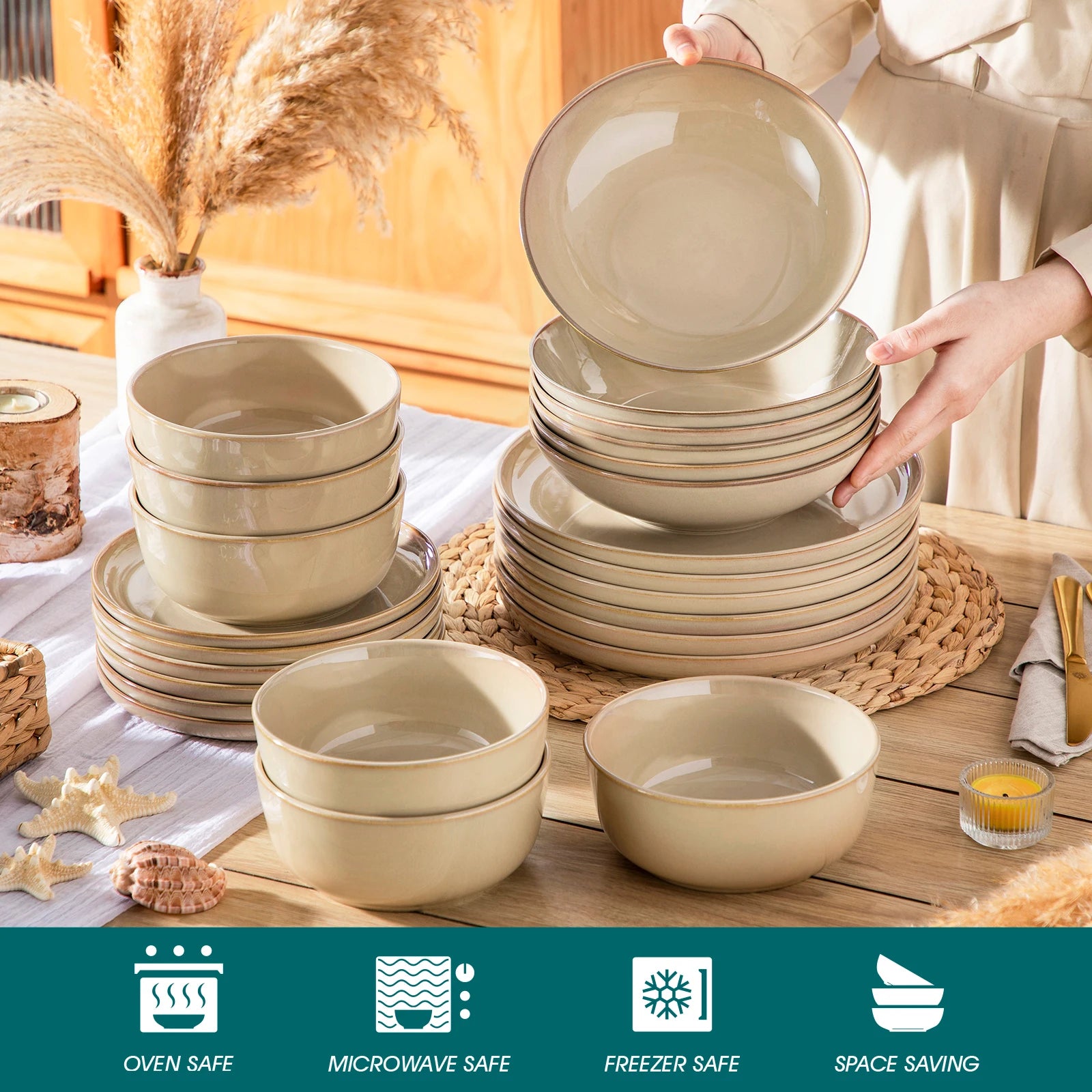 Vancasso PLAYA Series Reactive Glaze Stoneware Dinnerware Set – Light Brown, 12–36 Pieces
