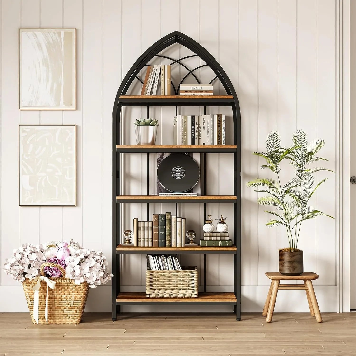 Arched Metal Bookshelf with Open Shelves