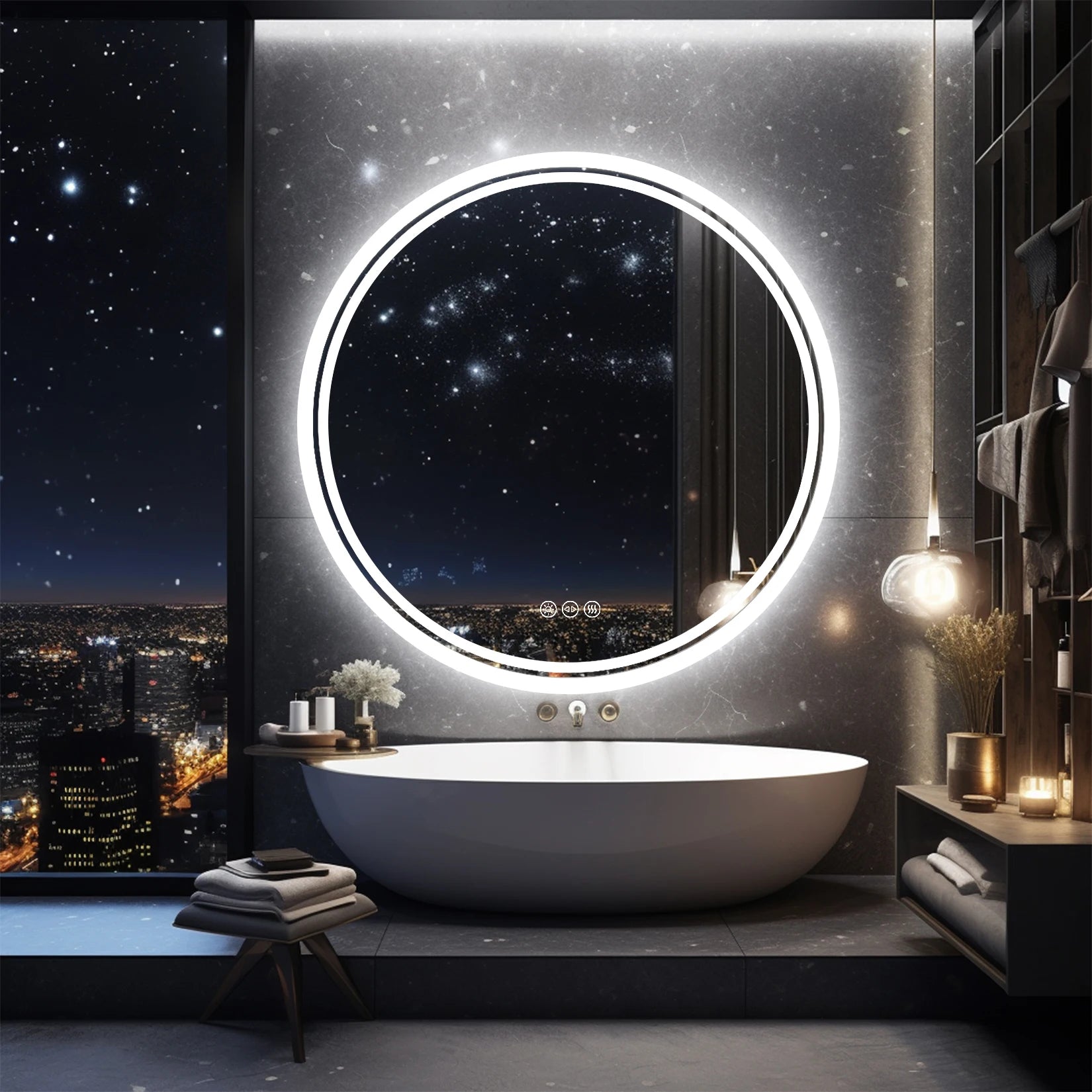 Round LED Bathroom Mirror with Backlit Lighting & Anti-Fog