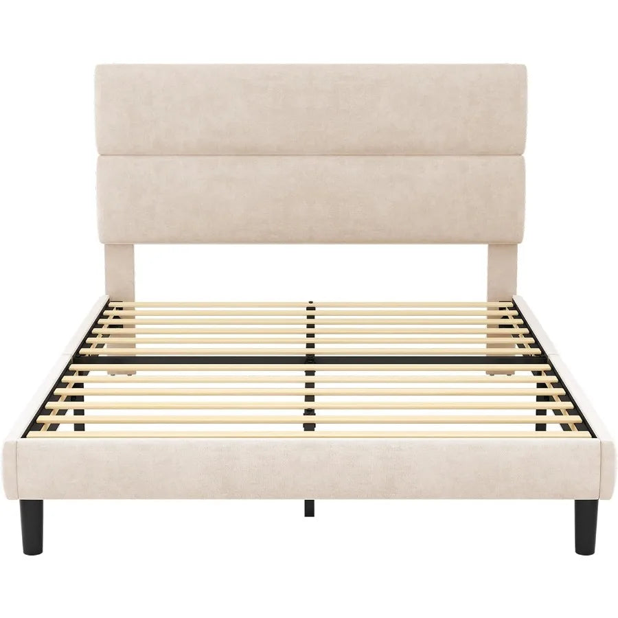 Beige bed frame without a mattress, exposing wooden slats and center support